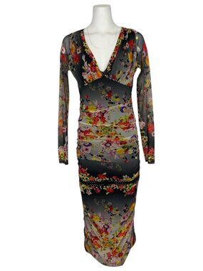 Fuzzi Floral Midi Dress 18 Italy Multicolor Ruched Long Sleeve Bodycon